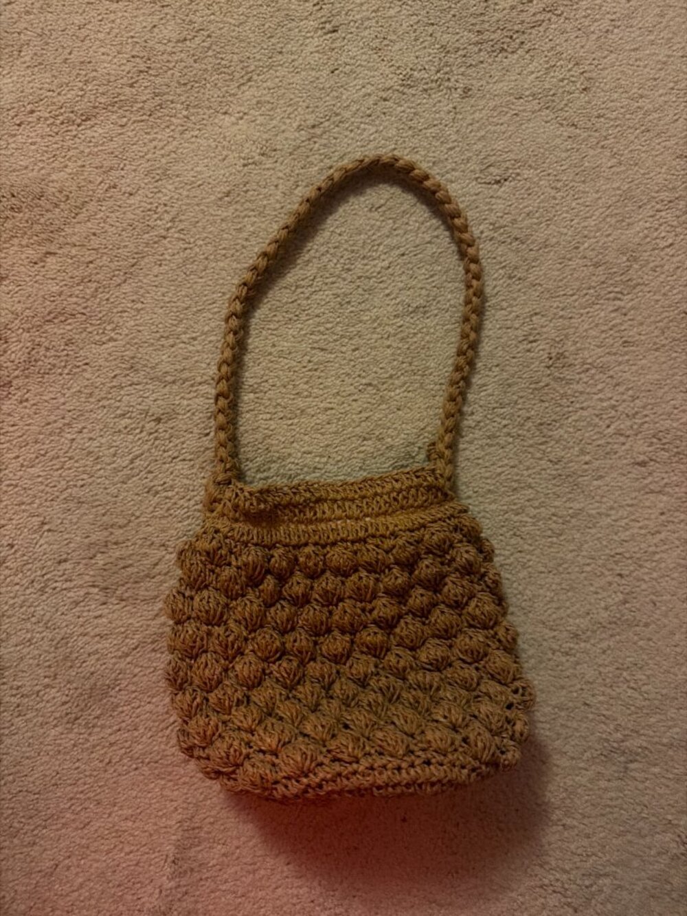 Crochet Straw Mini Shoulder Bag — Tan Bubble Weave, Braided Strap, Lined